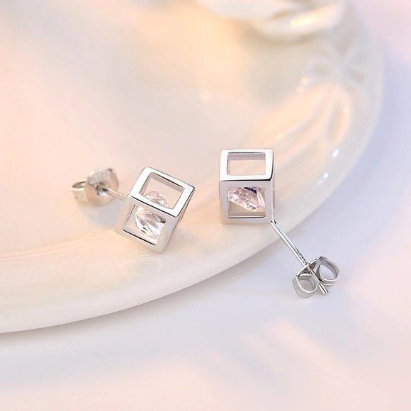 *925 Sterling Silver Diamond Cube Stud Earrings - Picture 2 of 7